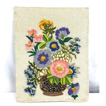 VTG Crewel Floral Arrangement 80&#39;s Finished Textile Yarn Fiber Wall Art ... - £35.55 GBP