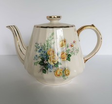 Vintage Sadler England ceramic teapot blue &amp; yellow floral design &amp; gold accents - £40.20 GBP