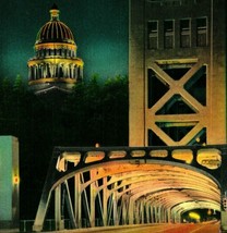 Sacramento CA Tower Bridge &amp; State Capitol Dome at Night UNP Vtg Linen Postcard - £3.12 GBP