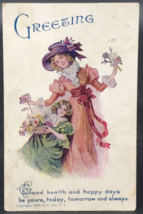 1905 Pretty Lady w/ Child in Pink &amp; Green Dress Flowers Postcard - £5.33 GBP