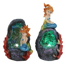 Nautical Blue Tail Mermaids With LED Light Geode Crystal Cave Figurines Set Of 2 - £24.77 GBP
