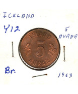 Iceland 5 Auror, Bronze, 1963, KM12 - £1.96 GBP