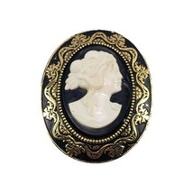 Vintage Black White Cameo Brooch Pin Ornate Gold Tone Frame Signed Prestige - $20.24