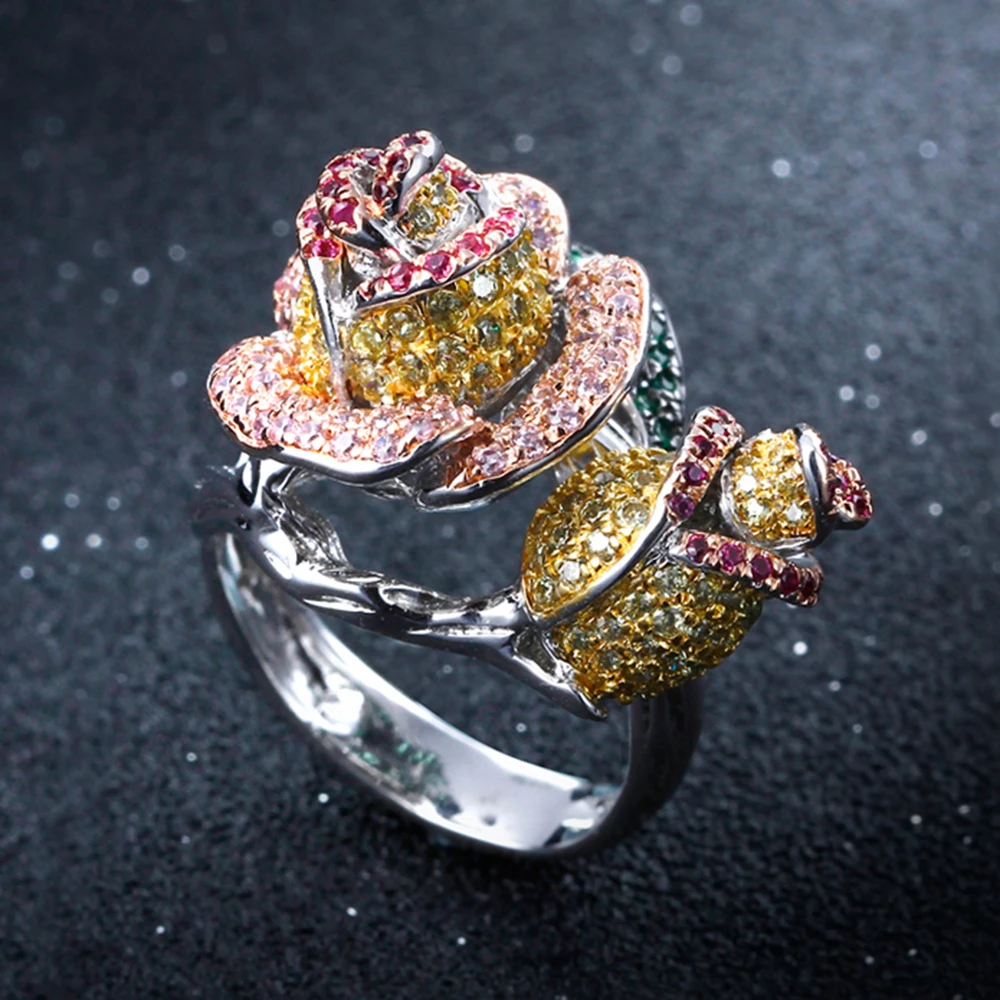 Luxury rose flower rings trendy jewelry fast shipping high quality color crystal - £62.01 GBP