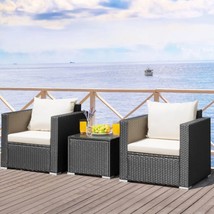 3 Pieces Patio wicker Furniture Set with Cushion-White - £308.72 GBP