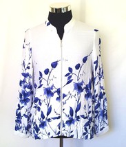 Chicos Sweater Womens Size Small Blue and White Floral Zipper Front  Rayon Knit - £12.78 GBP