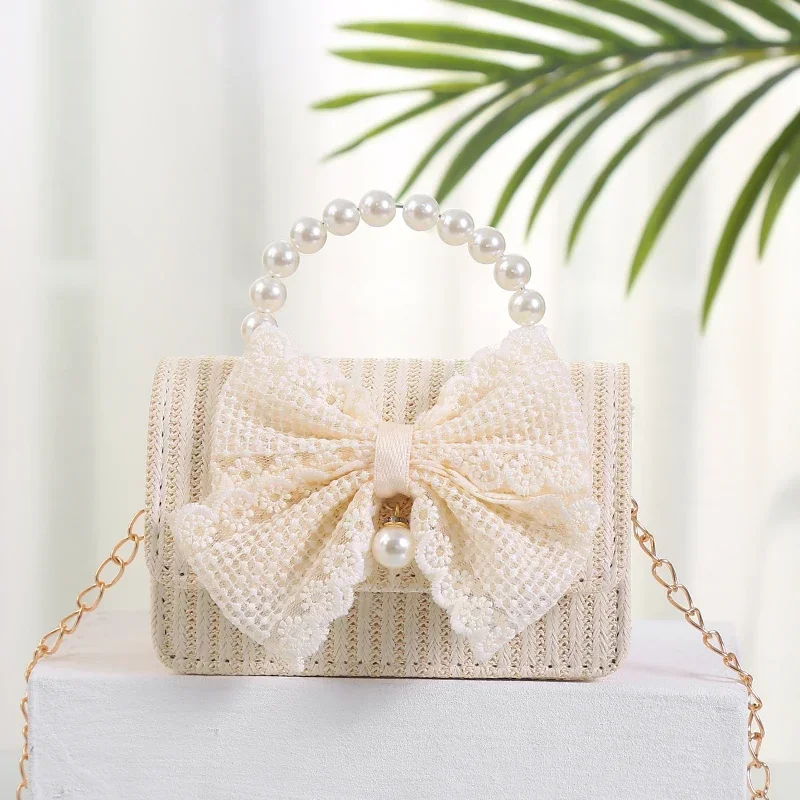 Cute Lace Bow Flower Children Straw Shoulder Bag Simple Pearl Mini Handb... - £22.32 GBP