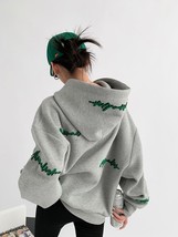 Letter Embroidery Gray Hooded Sweater Women Autumn Street Style Fleece Inside De - £101.44 GBP
