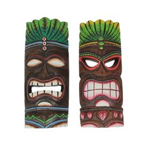 Set of 2 Hand Carved Wooden Tiki Masks Blue &amp; Green Flame Tropical Decor Art - £31.06 GBP