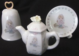 Enesco Precious Moment June Girl Birthday Miniature Plate Teapot Bell Dollhouse - £4.79 GBP