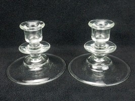 Pair Of  Clear Glass Candle Holders, Discs on Column, Broad Base, Pressed Glass - £15.57 GBP