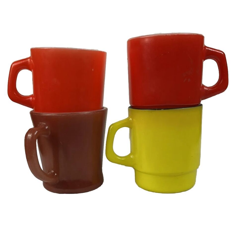 Primary image for Fire King STACKABLE Coffee Mugs Cups Anchor Hocking D Handle Bright Colors 4 VTG