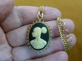 CA10-163) RARE African American LADY black + ivory CAMEO brass pendant necklace - £21.72 GBP