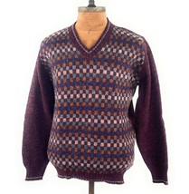 Pendleton Woolen Mills Men&#39;s Sz Large Maroon Squares Wool Sweater Made USA - $29.69