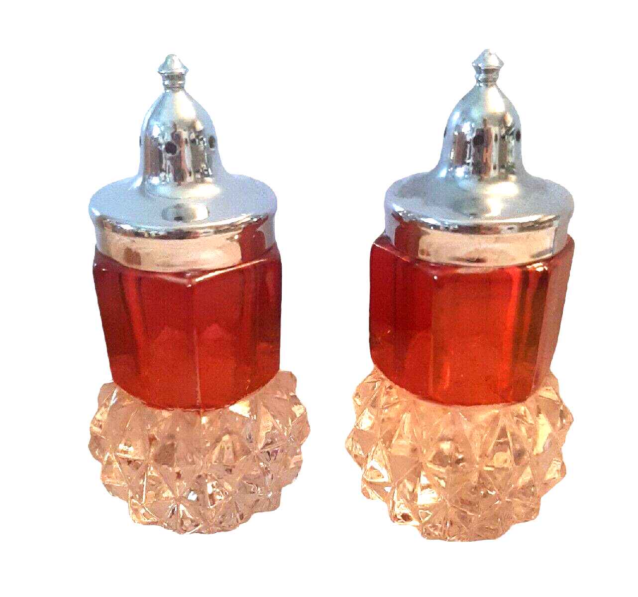 Indiana Glass Diamond Point Salt and Pepper Shakers Vintage Red Flash and Crysta - $23.36