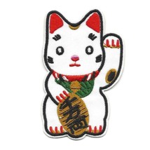 Maneki Neko Iron On Patch 3.5&quot; Lucky Waving Cat Red White Embroidered Applique - £3.89 GBP
