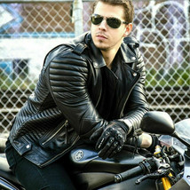 Men’s Motorcycle Biker Quilted Slim fit Black Real Leather Jacket Coat - £55.55 GBP+