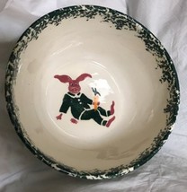 Vintage Stoneware Green Spongeware Mixing Bowl 8.75” x 4” Rabbit w/ Carr... - $22.99