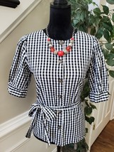 Who What Wear Womens Black White Gingham Button Front Drawstring Top Blo... - £20.19 GBP