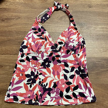 Lands End Size 6 Tankini Halter Swimsuit Top Pink White Leaves Floral Pa... - $27.72