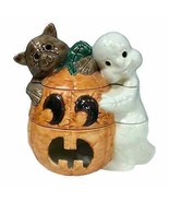 Rare Vtg Hand-painted Ghost Pumpkin Decor Halloween 3 layer candleholder - $114.09 CAD
