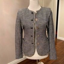 Pre-owned THEYSKENS&#39; Theory Gray &amp; Navy Tweed Jacket Leather Trim SZ 0/34 - $123.75