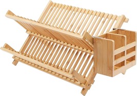 Folding 2-Tier Bamboo Dish Drying Rack with Utensil Holder Collapsible, Natural - £15.97 GBP