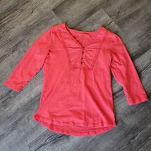 Eddie Bauer Top Womens Medium Pink Salmon 3/4 Sleeve Tunic V Neck Embroi... - $11.28