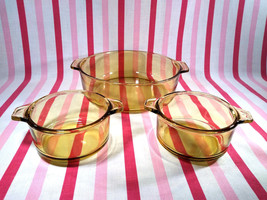 Vintage 1970&#39;s Pyr-O-Rey Dynaware 3pc Amber Glass Casserole Baking Dishes Mexico - £22.14 GBP