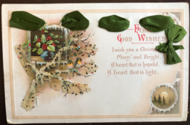 Merry Christmas-Happy Nuovo Year-Real Nastro + Brillantini ~ 1910s Cartolina - £7.14 GBP