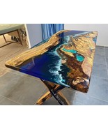 Custom Handmade Olive Wood Epoxy Resin Dining Table with Blue Emerald Gr... - $373.44+