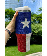 Dark Blue American Flag Star Full Rhinestone Handle Tumbler 40oz - $31.85