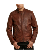 Shadow line Brown Biker Style Genuine Leather Jacket with Plain-Lining - $379.93 CAD
