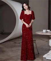 WINE RED Sequin Maxi Dresses Empire Half Sleeve Wedding Maxi Sequin Dres... - $145.99