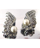 Vintage Tara Juliana Clip Earrings Clear Rhinestone Pearl Silver Tone  - £19.92 GBP