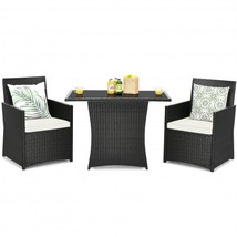 Patio Rattan Furniture Set 3 Pieces with Cushion and Sofa Armrest-White - £217.21 GBP