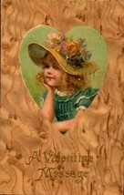 Antique Embossed POSTCARD-&quot;A Valentine Message&quot; Young Girl In Green Heart Bkc - £3.12 GBP