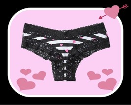 S  Black White Pink Heart Victoria&#39;s Secret Cotton Lace-Waist &amp; Leg Cheeky Panty - £8.78 GBP