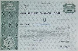 Gulf Republic Financial Corp Stock Certificate -1972 - Rare Scripophilly Bond - £46.94 GBP