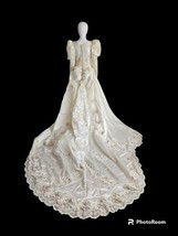 Vintage 90s Wedding Satin Beaded Puff Sleeve Gown Dress Cathedral Train ... - $183.15
