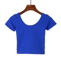 Dark Blue Women&#39;s O Neck Short Sleeve Basic Crop Top - $10.64