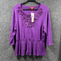 ELLE Womens XL Blouse Cardigan Purple Sweater 3/4 Sleeve Ruffled Floral Fringe - £21.78 GBP