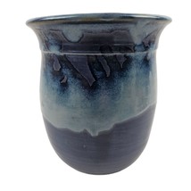 Studio Pottery Blue Vase Drip Glaze Ombre Stoneware Wide Mouth Glossy Finish - £19.61 GBP