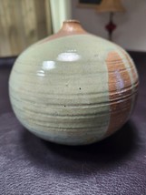 Vintage Artist Signed Art Pottery Weedpot Vase Celadon Brown Accent - $69.66