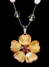 Glittery Peach Flower Pendant Vintage Necklace Pink Clear Beads Silvertone 20&quot; - £13.52 GBP