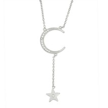 Sterling Silver Clear CZ Crescent Moon with Hanging Small Star Pendant Necklace - £45.07 GBP