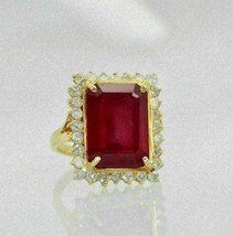 3.50Ct Emerald Cut Red Garnet/Diamond Halo Engagement Ring 14K Yellow Gold Over - £90.01 GBP