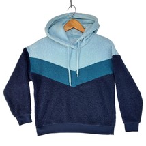 Retro 70s Vibe XL Colorblock Blue Chevron Pullover Sweatshirt Hooded Textured - $24.74