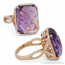 10.57 ct Checkerboard Cushion Amethyst &amp; Diamond Cocktail Ring in 14k Rose Gold - £888.34 GBP