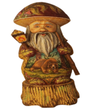 Russian Hand Carved &amp; hand Painted GNOME STANDING ON WOOD STUMP &quot;BEAR IN... - £326.43 GBP